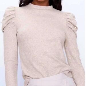 Zara puff sleeve Pearl detail fitted high neck soft